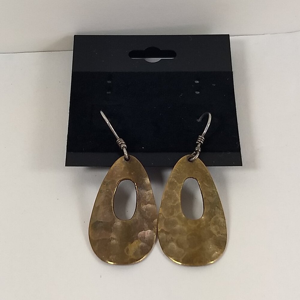 Hammered Oval Dangle Earrings Marked Mexico Bronze Tone Art to Wear Boho Western